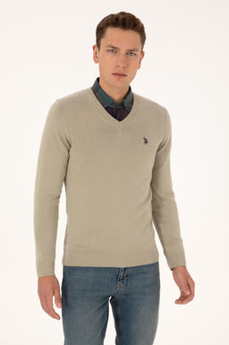 Erkek Slim Fit V Yaka Haki Melanj Basic Triko Kazak