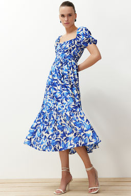 Mavi Cicekli Skater Gipe Yaka Detayl? Shally Midi Dokuma Elbise TWOSS24EL00952