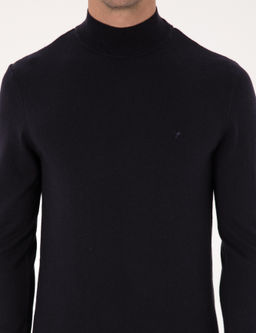 Lacivert Slim Fit Pamuk Kar___ml_ Yar_m Bal_k__ Yaka Basic Triko Kazak