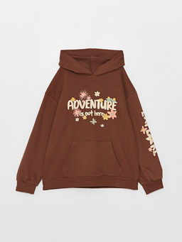 Kap??onlu Bask?l? Uzun Kollu K?z ?ocuk Sweatshirt