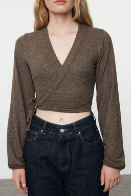 Trendyolmilla Kahverengi Yumos Baglama Detayl? Uzun Kollu Orme Bluz TWOAW25BZ00020  фото 10