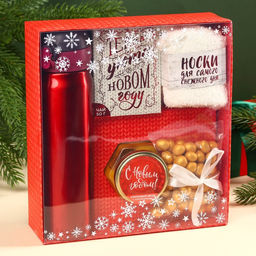 Подарочный набор новогодний С Новым годом, чай 50 г, крем-мед 120 г, носки 36-39 р, термос 500 мл, арахис в глазури 100 г