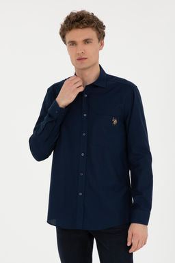 Мужская темно-синяя рубашка с длинным рукавом