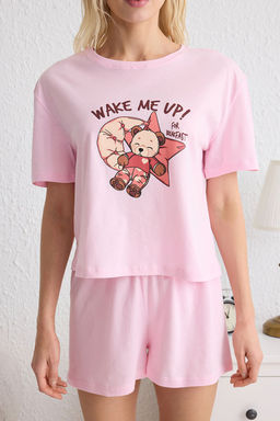 Trendyolmilla Bej %100 Pamuklu Ay?c?kl? ve Sloganl? Sortlu Orme Pijama Tak?m? THMSS25PT00092