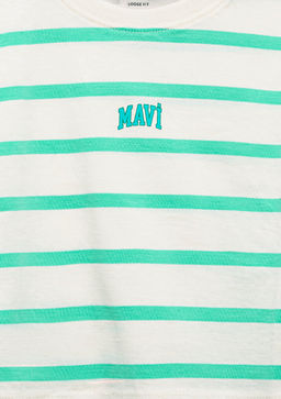 Mavi Logo Bask?l? Yesil Cizgili Crop Tisort  фото 4