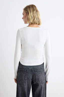 Siyah-Ekru D_z Fitted Bisiklet Yaka Crop/K_sa __t__tl_ Viskon Ribana _rme Bluz TWOAW27BZ00049