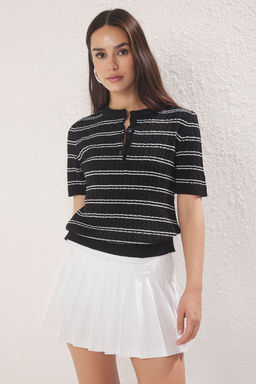 Trendyolmilla Ekru K?sa Kollu Cizgili Triko Bluz TWOSS25BZ00534  фото 8