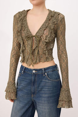 Haki Fitted/Vucuda Oturan Kruvaze Uzun Kollu Volanl?/F?rf?rl? Dantel Orme Bluz TWOSS26BZ00723 - Trendyolmilla фото 3