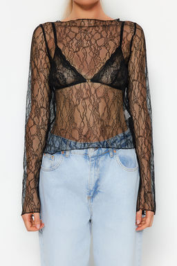 Siyah Regular Fit Kay?k Yaka Dantel Esnek Orme Bluz TWOSS23BZ00795