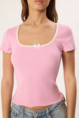 Trendyolmilla Ekru Fiyonklu Kontrast Biye Detayl? Fitted/Vucuda Oturan Fitilli Esenk Orme Bluz TWOSS25BZ00047  фото 8