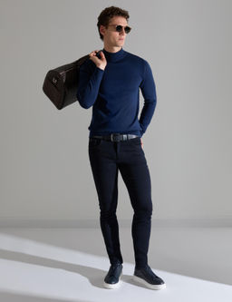 A__k Lacivert Slim Fit Yar_m Bal_k__ Yaka Basic Triko Kazak