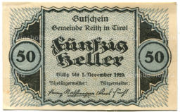 Банкнота 50 геллеров 1920 года Австрия  Райт (нотгельд)