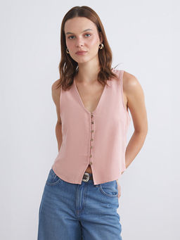 V Yaka Keten Kar???ml? Kad?n Klasik Yelek