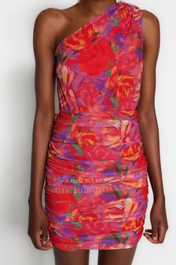 Cok Renkli Astarl? Vucuda Oturan Cicek Desenli K?sa S?k Abiye Gece Mezuniyet Elbisesi TPRSS23EL00363