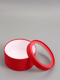 Подарочная коробка круглая, красная, завальцованная с окном, 21×11 см