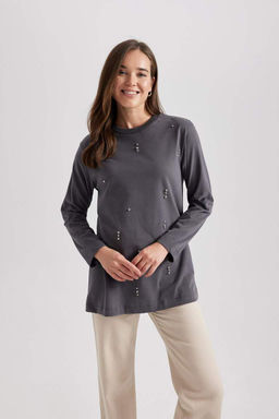 Футболка-туника с длинными рукавами из чесаного хлопка с круглым вырезом и вышивкой обычного кроя - Defacto фото 3