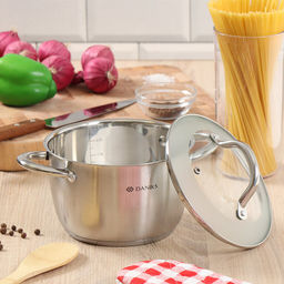 Кастрюля нержавеющая сталь, 2.7 л, с крышкой стекло, Daniks, Перл, GS-01205-18, индукция (397613)
