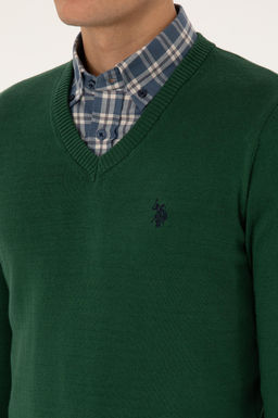 Erkek Slim Fit V Yaka Koyu Ye_il Basic Triko Kazak - U.s. polo assn фото 7