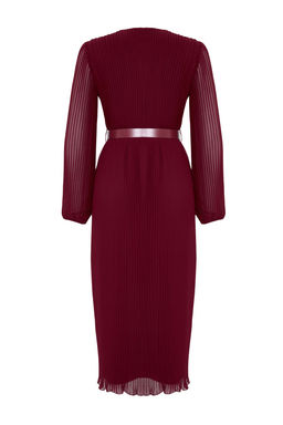 Bordo Kemerli A Kesim Piliseli Maxi Astarl? Sifon Ucus Ucus Dokuma Elbise TWOAW24EL00471