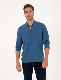 A__k Lacivert Slim Fit K_vr_lmaz Fermuarl_ Polo Yaka Basic Pike Sweatshirt