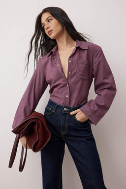 Bordo-Cok Renkli Kareli Vatkal? Genis Mansetli Oversize Gomlek TWOAW26GO00127