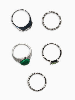 Набор колец 5 шт "Новый стиль" малахит, размер МИКС, цвет изумрудный в серебре
