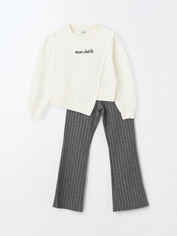 Bisiklet Yaka Bask?l? Uzun Kollu K?z ?ocuk Sweatshirt ve Tayt