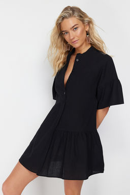 TRENDYOLMILLA Siyah Dokuma Flaml? Pamuk Genis Kal?p Mini Plaj Elbisesi TBESS20EL0873  фото 15