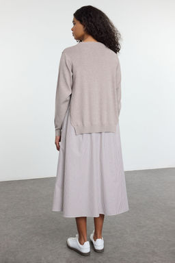 TRENDYOLMILLA Siyah Cizgili Triko Garnili Duz Kesim Midi Dokuma Elbise TWOAW25EL00359 фото 5