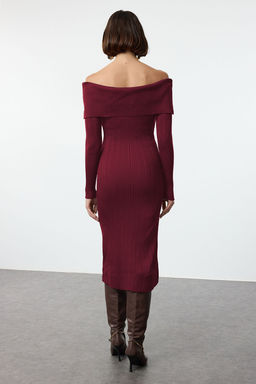 Bordo Duz Midi Midi Triko Basic Carmen Yaka Triko Elbise TWOAW25EL00033