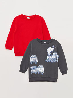 Bisiklet Yaka Uzun Kollu Bask?l? Erkek Bebek Sweatshirt 2li