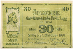 Банкнота 30 геллеров 1920 года Австрия  община Брикслегг в Тироле (Нотгельд)