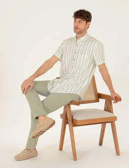 A__k Ye_il Keten Kar___ml_ Comfort Fit K_sa Kollu G_mlek