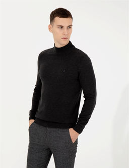 Antrasit Melanj Slim Fit Yar_m Bal_k__ Yaka Basic Triko Kazak