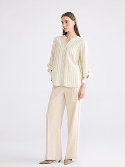 Ka??k Yaka ?izgili Keten Kar???ml? Kad?n G?mlek