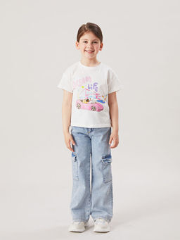 Bisiklet Yaka Barbie Bask?l? K?z ?ocuk Ti??rt