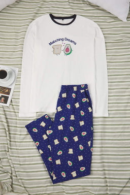 Ekru - Indigo Regular Fit Avokado Bask?l? %100 Pamuk Orme Pijama Tak?m?