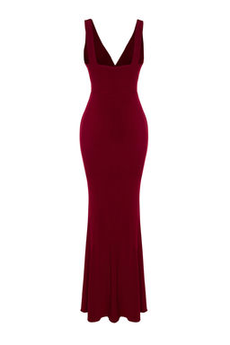 TRENDYOLMILLA Bordo Vucuda Oturan Astarl? Volanl? Orme Uzun S?k Abiye Elbise TPRSS19UT0026  фото 9