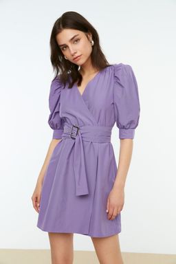 Lila Kemerli Belden Ac?lan Balon Kol Mini Dokuma Elbise TWOSS20EL0619