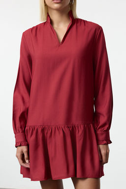 Bordo Shift/Duz Kesim V Yaka Etegi Volanl? Belmando Mini Dokuma Elbise TWOAW25EL00235