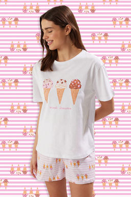 Trendyolmilla Beyaz %100 Pamuklu Dondurma Bask?l? Sortlu Orme Pijama Tak?m? THMSS25PT00276