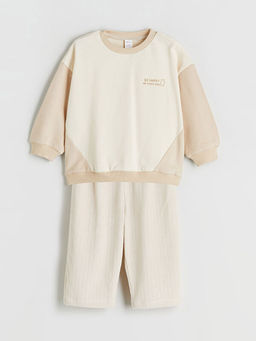 Bisiklet Yaka Bask?l? Erkek Bebek Sweatshirt ve Pantolon 2li