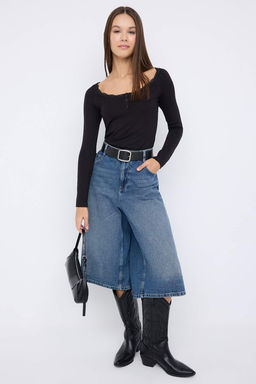 Teen Siyah Havuz Yaka Dugmeli Dantel Detayl? Vucuda Oturan Esnek Orme Bluz TWOAW26BZ00106 - Trendyolmilla фото 9