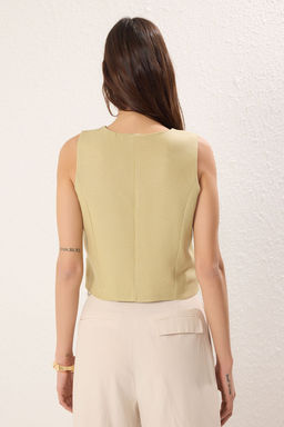 Haki Regular V Yaka Keten Gorunumlu Yelek TWOSS25YE00085