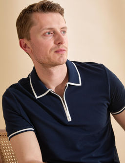 Lacivert Slim Fit %100 Pamuk Fermuarl_ Polo Yaka Ti__rt
