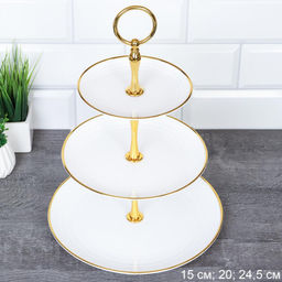 Ваза для фруктов 3-х ярусная 15/20/25 Круг белая золотой обод / D-1245 /уп 65/ Пластик - Галеонтрейд фото 2