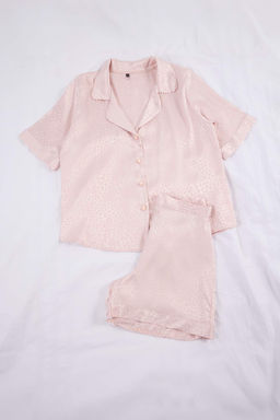 Pudra Leopar Desenli Saten Dokuma Pijama Tak?m? THMSS26PT00209