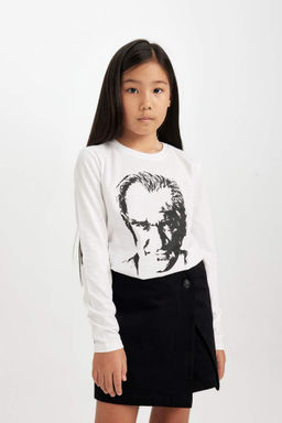 Футболка обычного кроя с круглым вырезом и принтом Ататюрка для девочек с длинными рукавами - Defacto фото 4