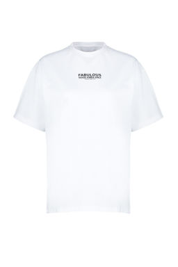 Ekru %100 Pamuk S?rt ve On Bask?l? Oversize/Genis Kesim Orme T-Shirt TWOSS24TS00183