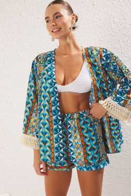 Etnik Desenli Dokuma Puskul Yuksek Bel %100 Pamuk Plaj Mini Kimono-Sort Tak?m TBESS25AU00017 - Trendyolmilla фото 2